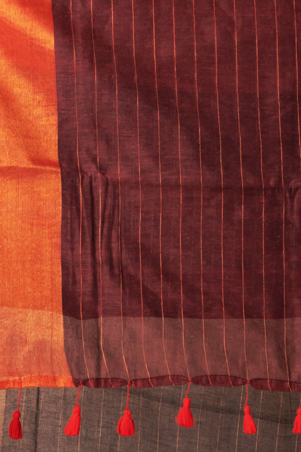 Black mul cotton saree with copper border and  metallic stripes