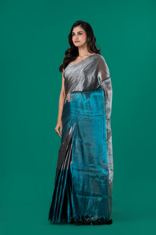 Metallic silver meets teal in Tissue cotton saree