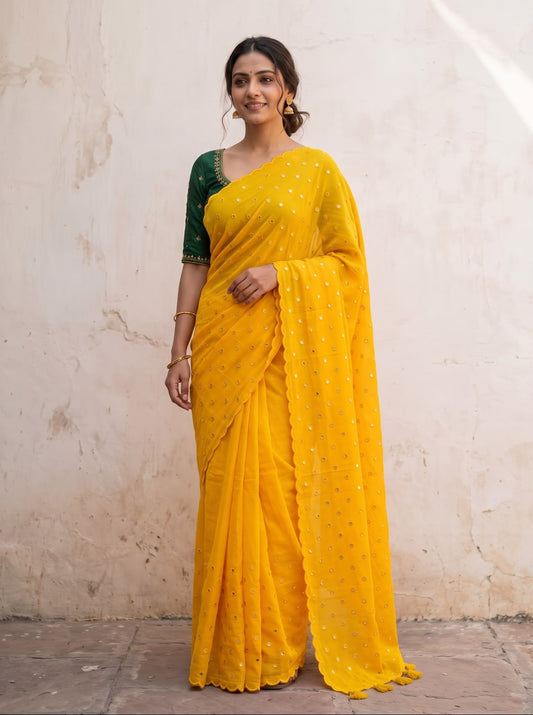 Bright yellow scallop Border Mirror Work Saree