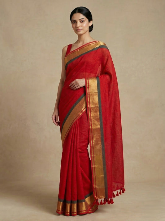 Red plain mulmul cotton saree