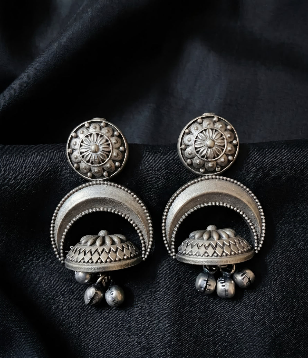 Handcrafted silver polish crescent dome jhumki earrings