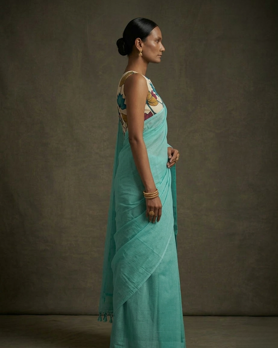 Sea-green color mangalgiri cotton sarees with hand-painted kalamkari bP