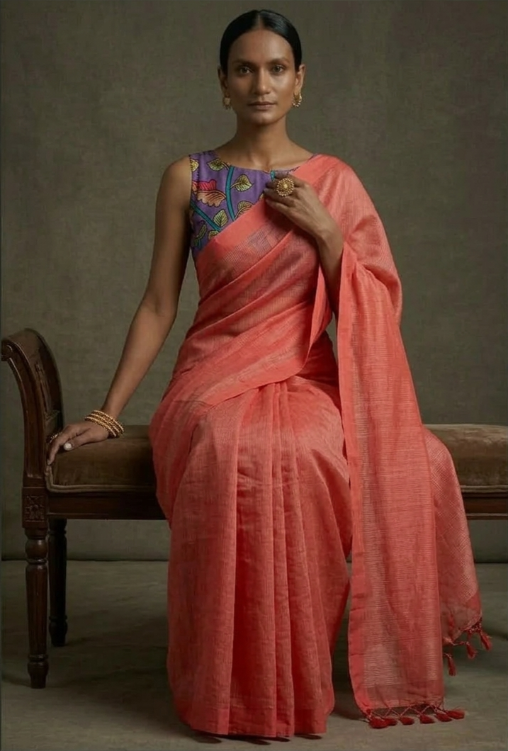 Peach red color mangalgiri cotton sarees with hand-painted kalamkari bP .