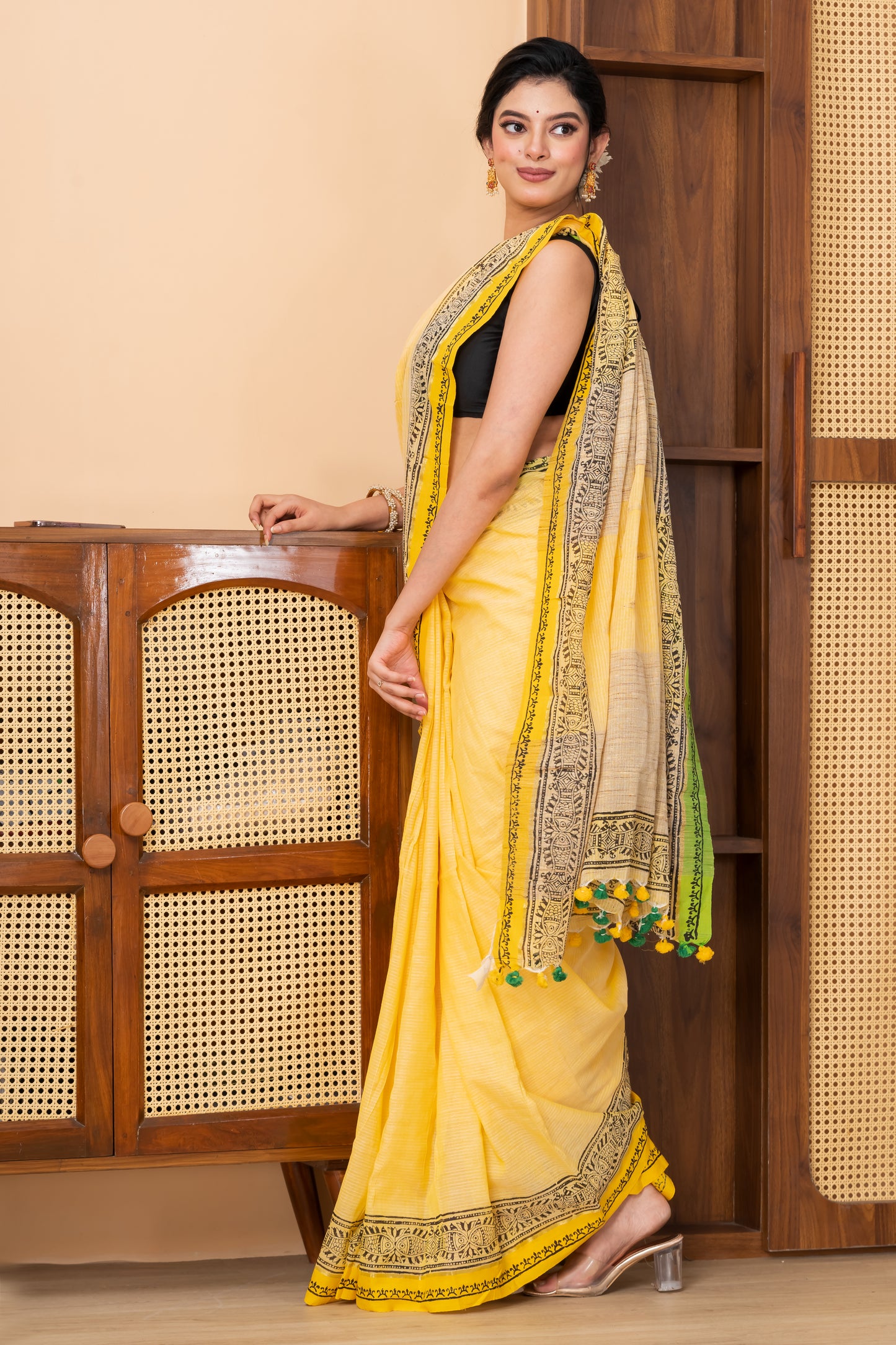 Printed handspun cotton saree with ghicha pallu
