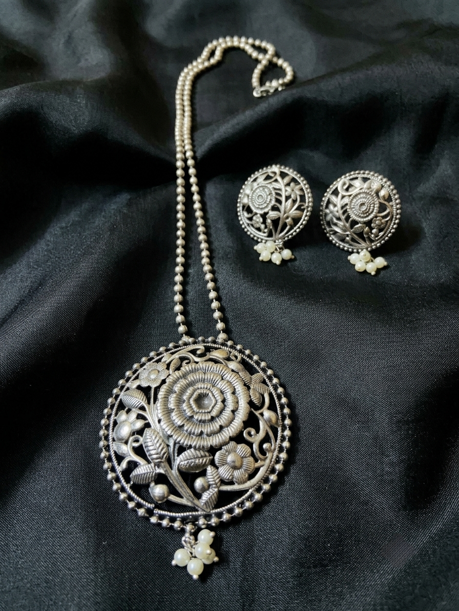 Vintage Floral Motif Necklace and Earring Set