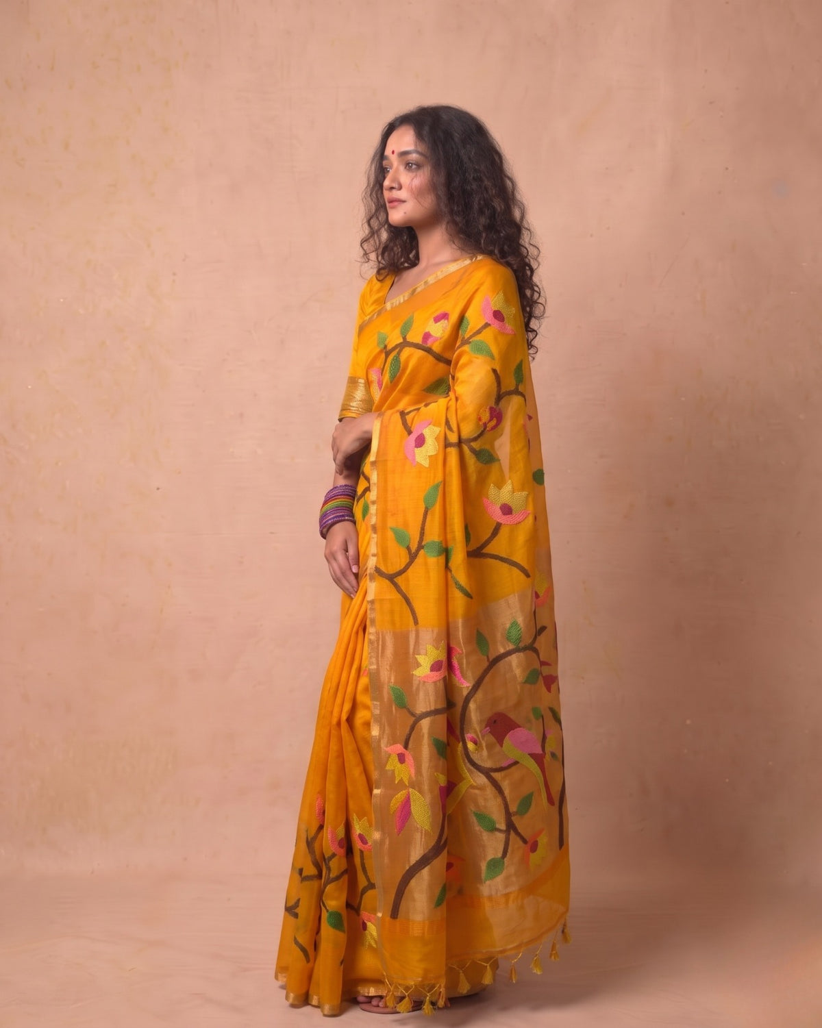 Pure Resham Handwoven needle jamdani Saree in deep mustard