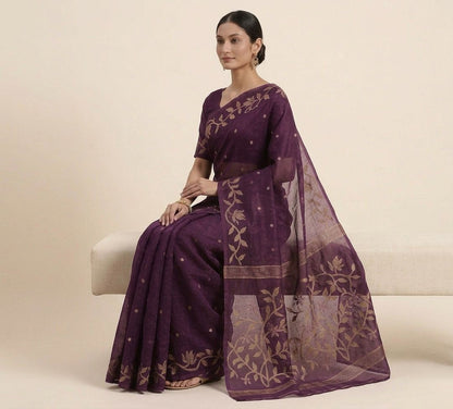 Deep purple handmade jamdani pure Resham Silk
