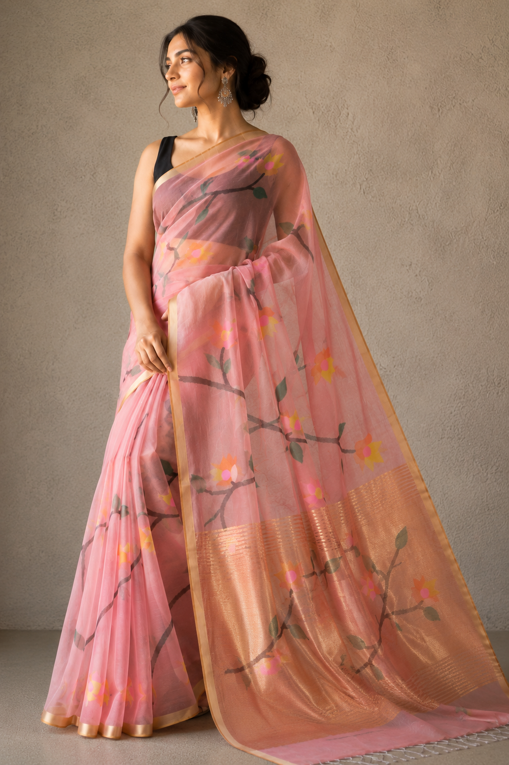 Peach pink handspun white resham paithni silk saree