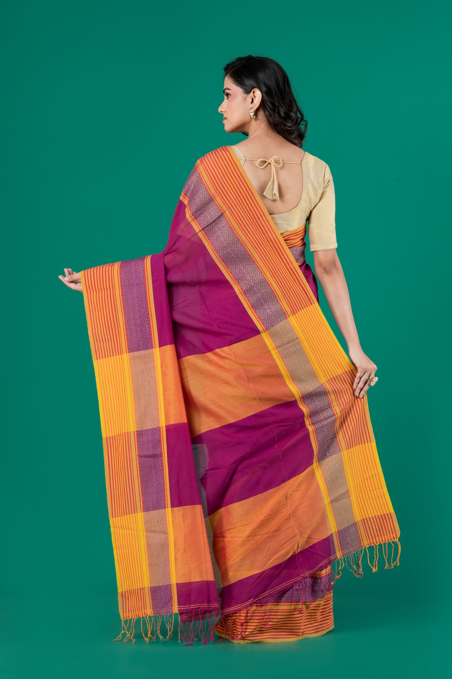 Magenta & mustard handloom cotton saree