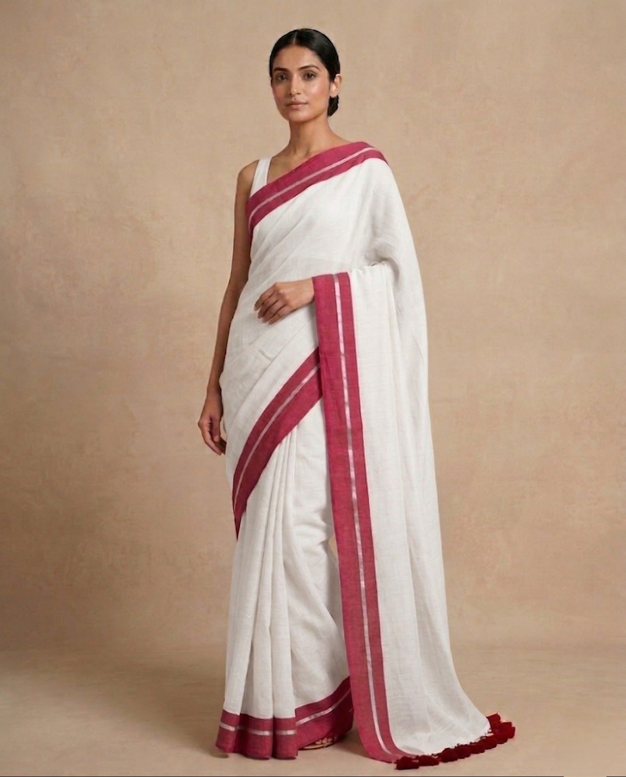 White plain red border mulmul cotton saree