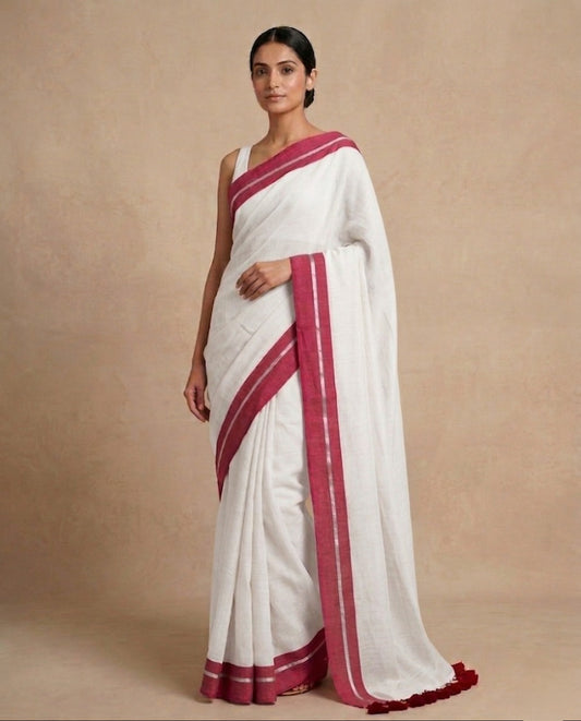 White plain red border mulmul cotton saree