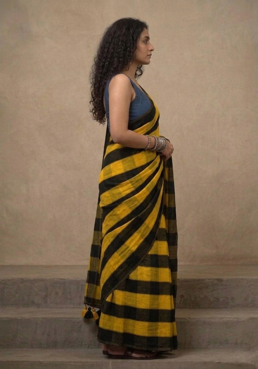 Yellow n black striped mulmul cotton saree