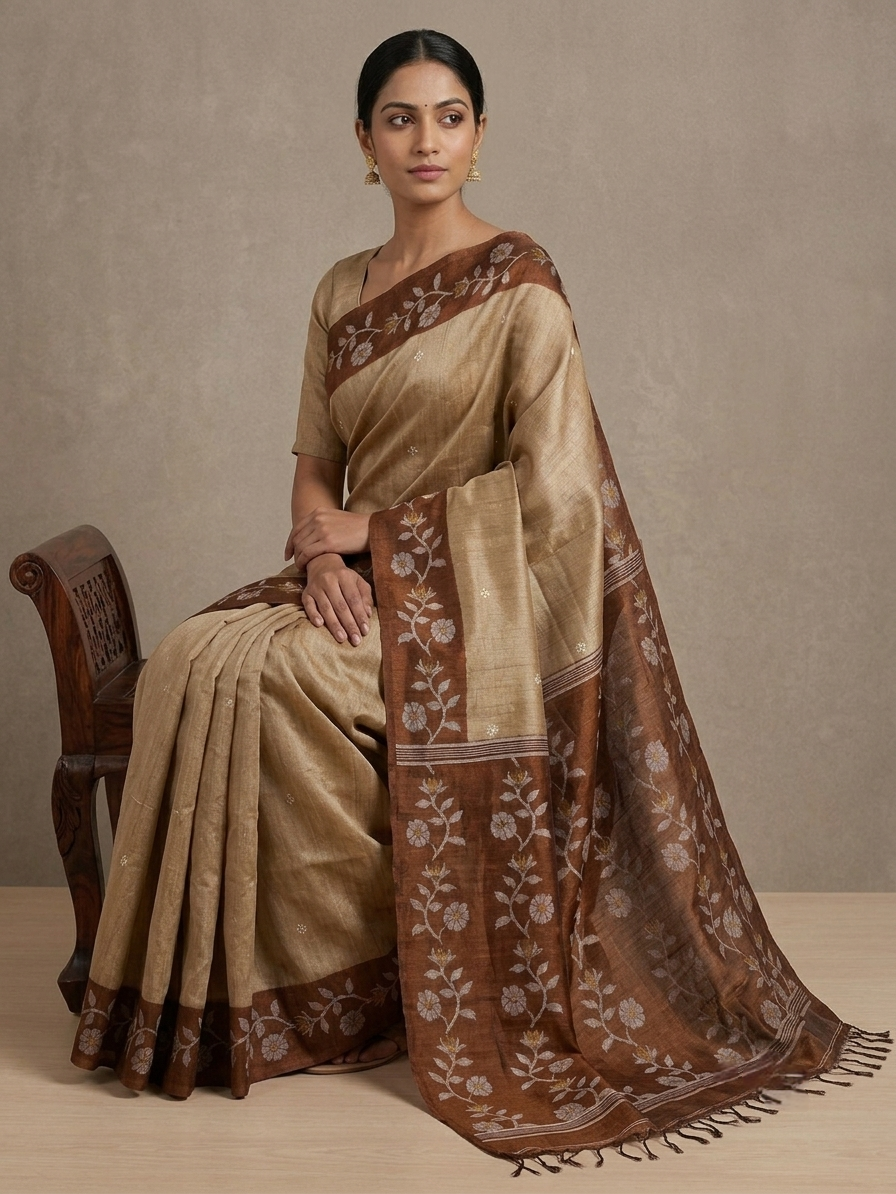 Light and dark brown tussar Jamdani saree