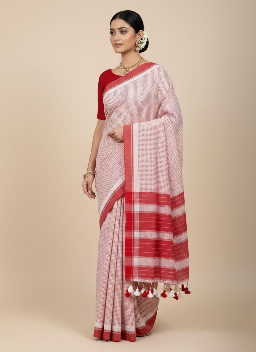 Red n white hANDSPUN cotton saree