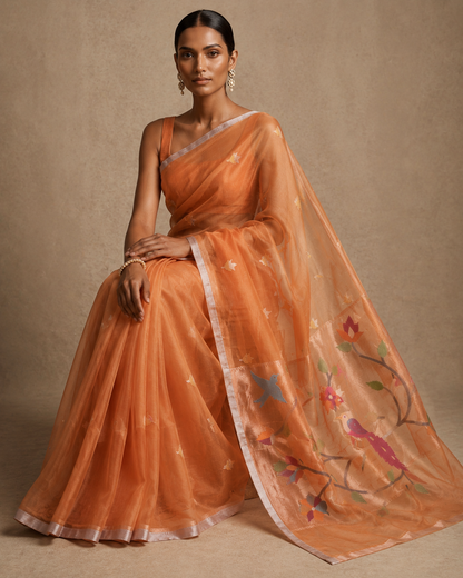 Orange handspun resham silk saree