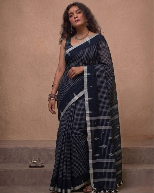 Black check handspun cotton saree