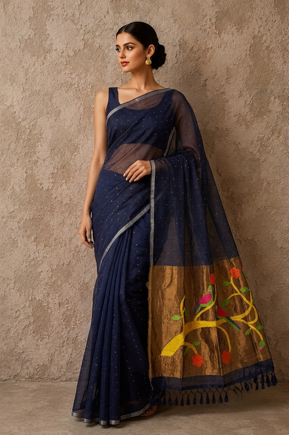 Midnight blue handspun resham paithni silk saree