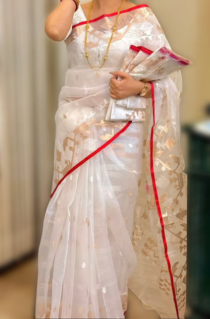 White and Gold Resham Silk