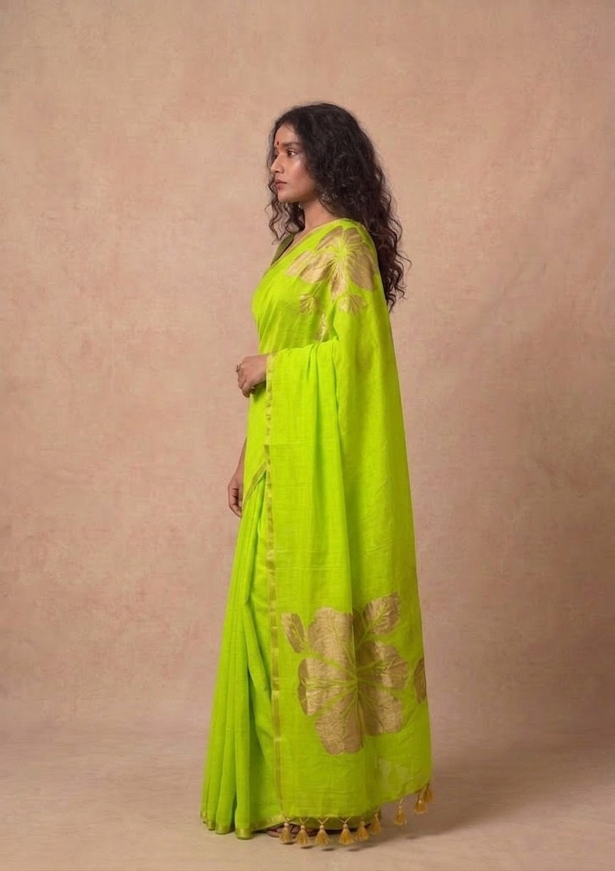 Golden flower parrot green mulmul cotton saree