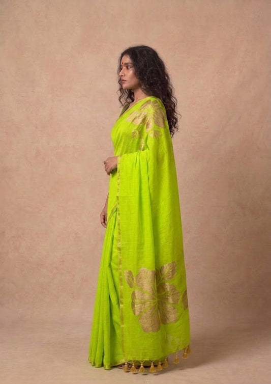 Golden flower parrot green mulmul cotton saree