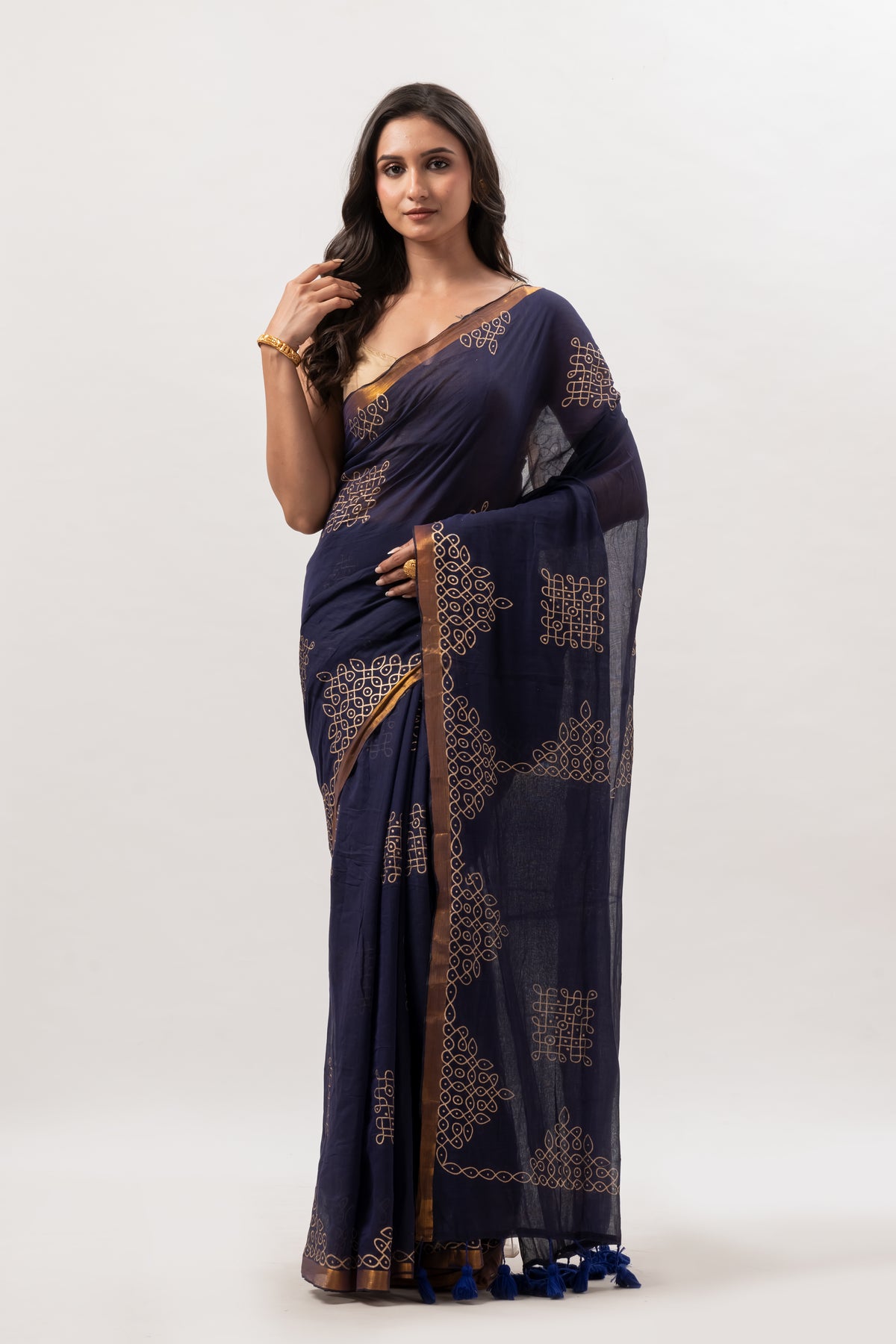 Deep Navy Blue Mul Cotton Saree with Gold Geometric Motifs