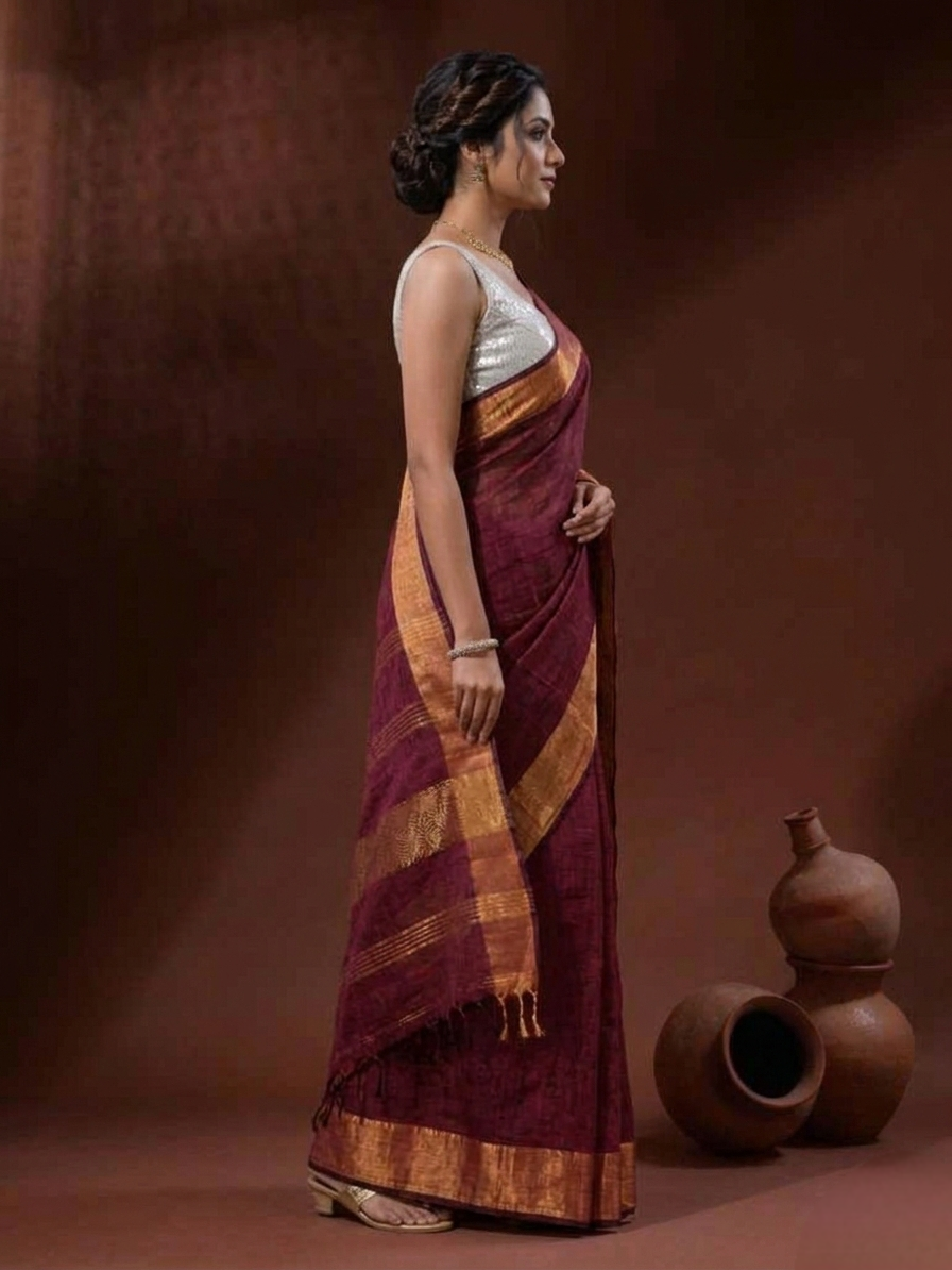 Maroon Linen Saree
