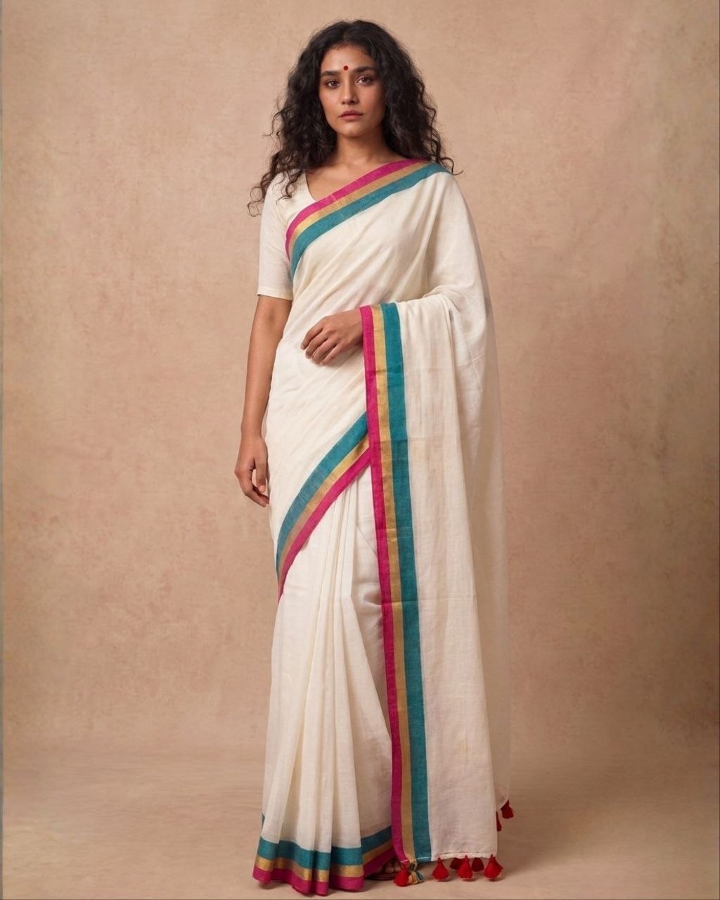 Off white triple solid border mulmul saree