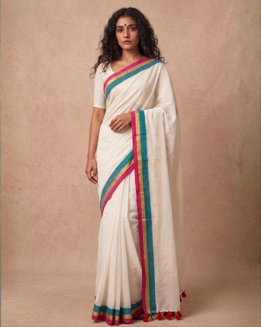 Off white triple solid border mulmul saree
