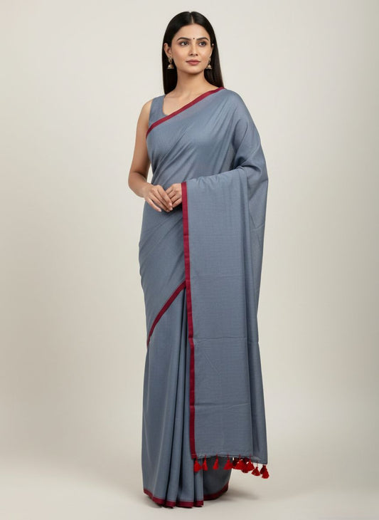 Dark grey mulmul cotton saree