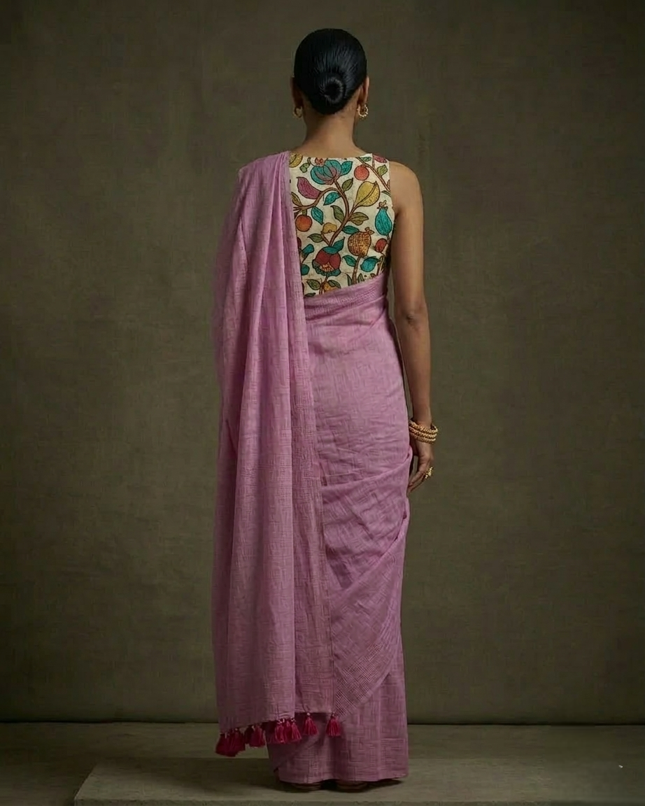 Onion pink  color mangalgiri cotton saree with hand-painted kalamkari bP .