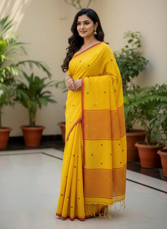 Yellow handspun cotton saree