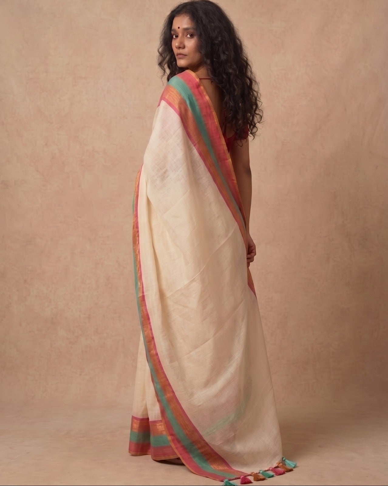 Off white triple zari border mulmul saree