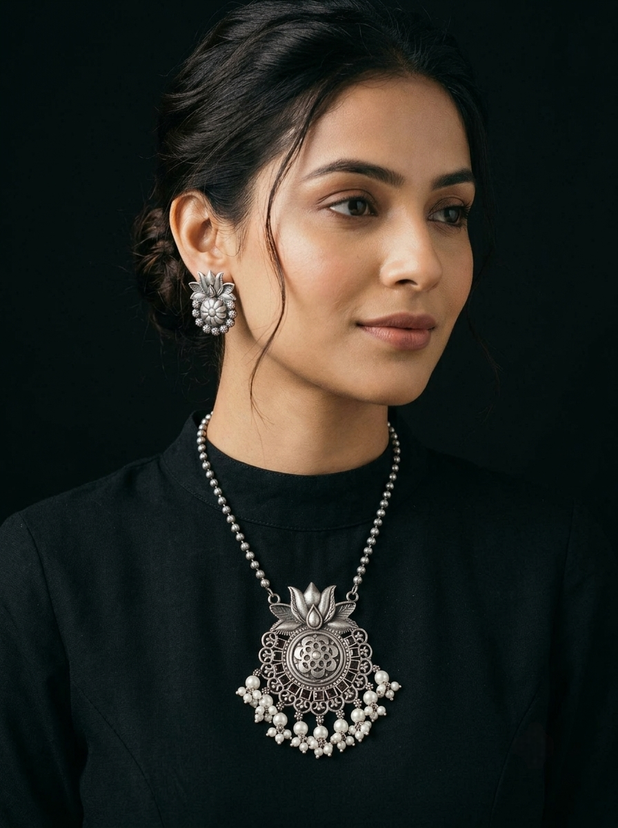 Antique Silver Lotus Pendant Set with Pearl Danglers