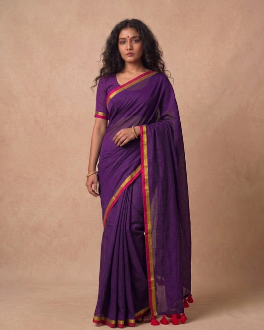 Deep purple mulmul cotton saree with red and zari border
