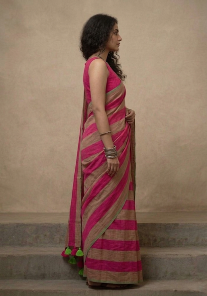Dark pink n brown striped mulmul cotton saree