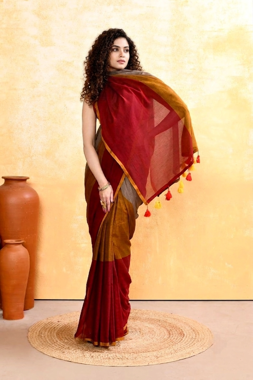 Tri-colour soft mul cotton saree