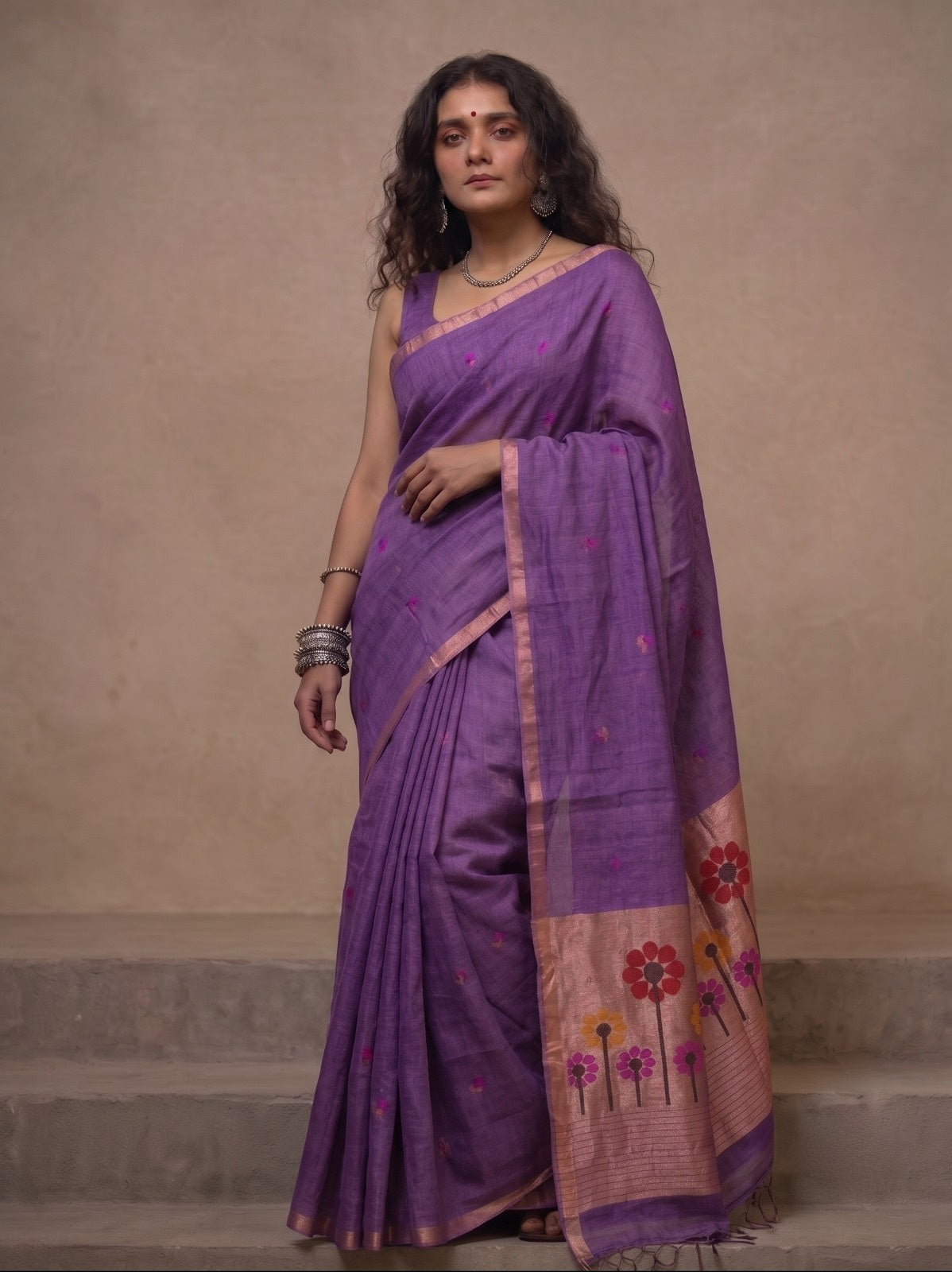 Mauve linen Silk Jamdani saree