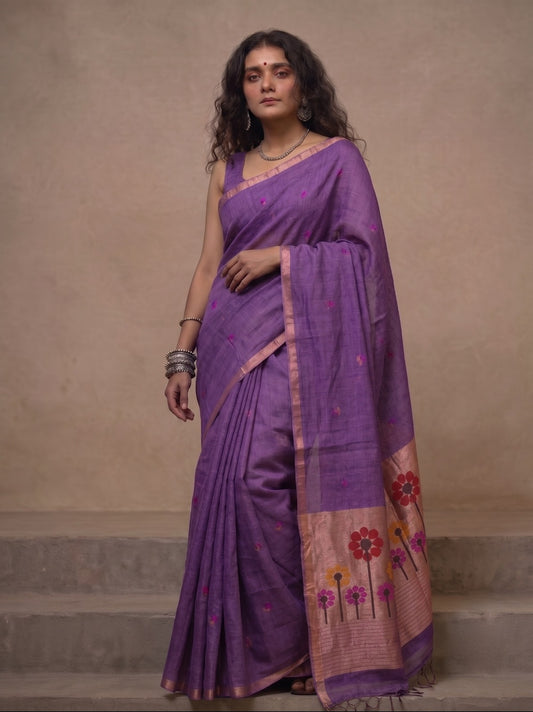 Mauve linen Silk Jamdani saree