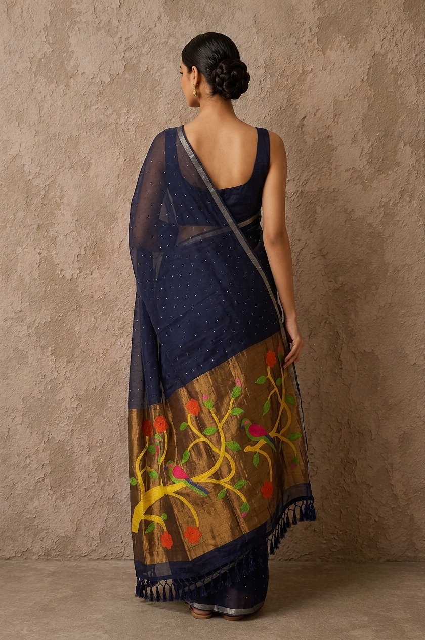 Midnight blue handspun resham paithni silk saree