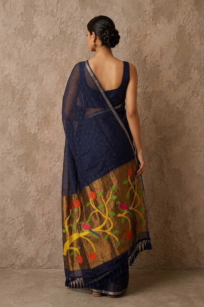 Midnight blue handspun resham paithni silk saree