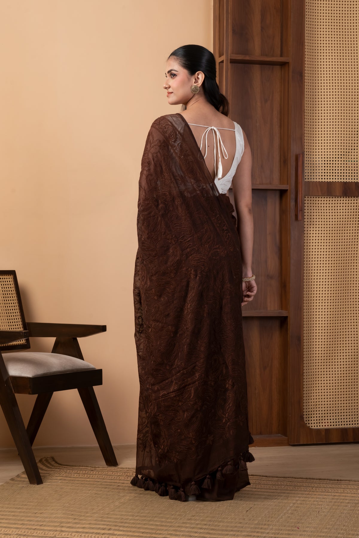 Rich Chocolate Brown Mul Cotton Saree with Tonal Chikankari Work