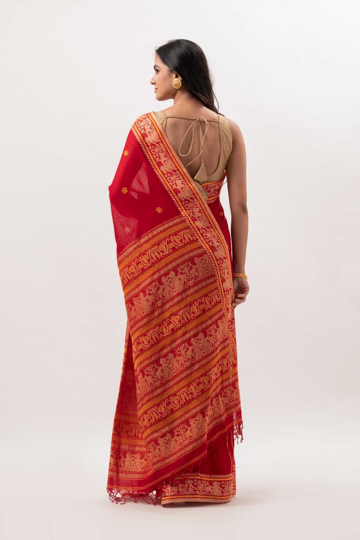Authentic Bengal Crimson Red Cotton Baluchari Saree