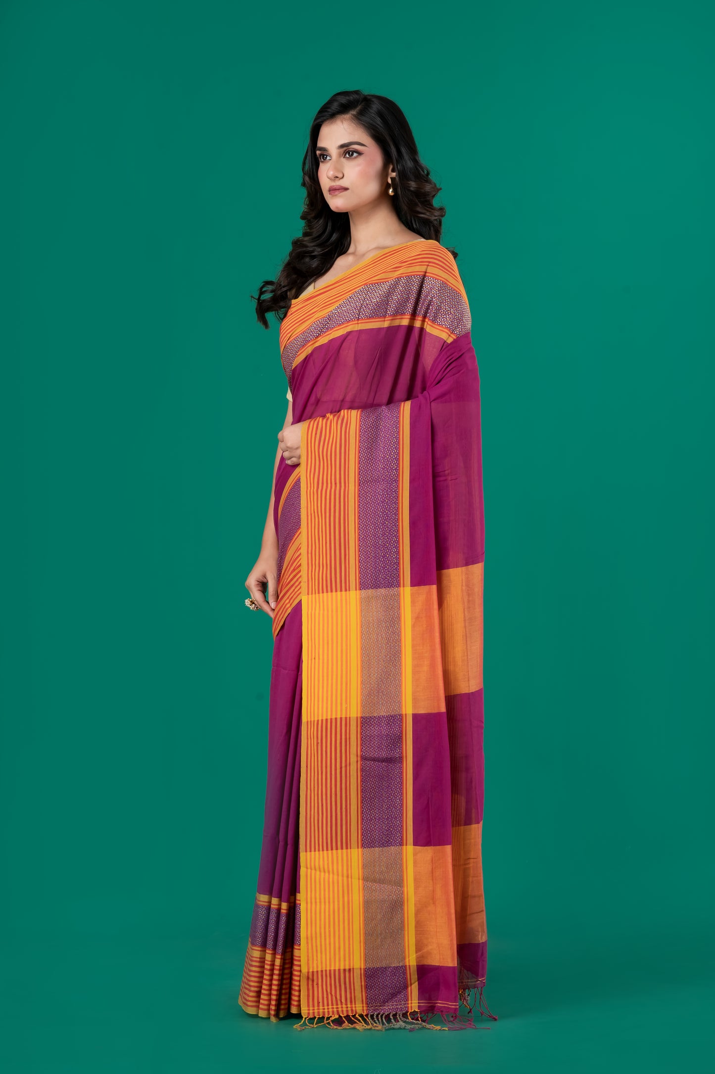 Magenta & mustard handloom cotton saree