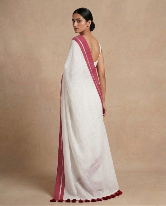 White plain red border mulmul cotton saree