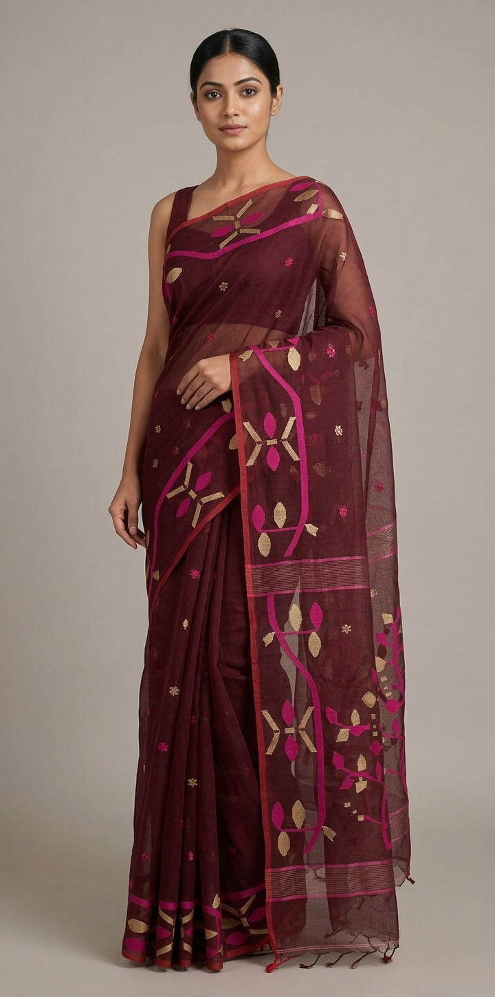 Brown jamdani woven Resham Silk