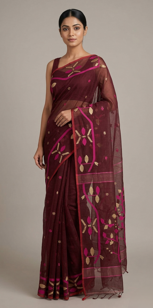 Brown jamdani woven Resham Silk