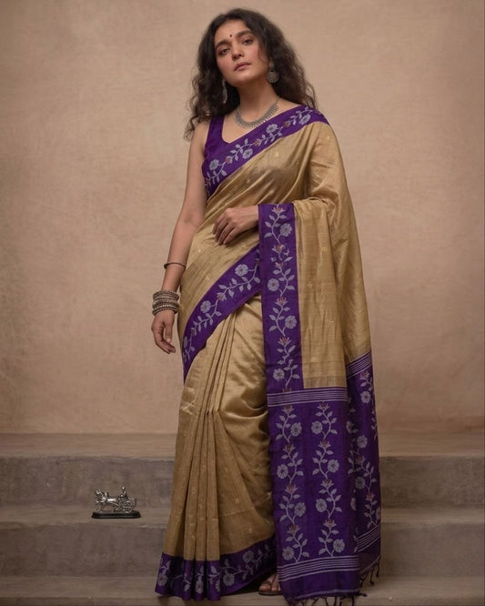 Beige and purple tussar Jamdani saree