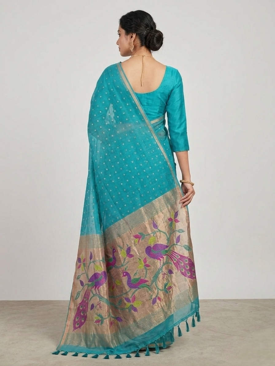 Handspun resham turqoise silk saree