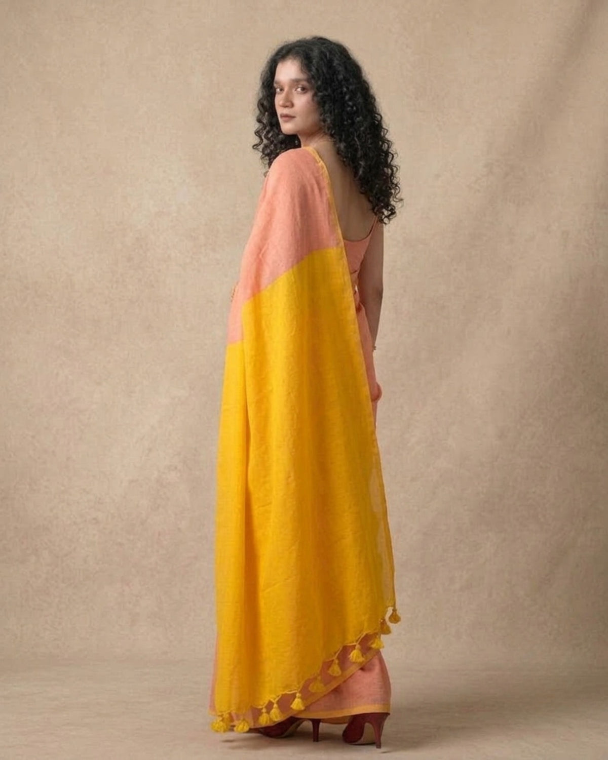 Khadi cotton saree plain solid peach and yellow