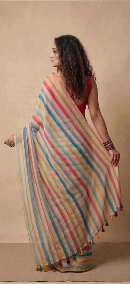 Multi colour striped mulmul cotton saree